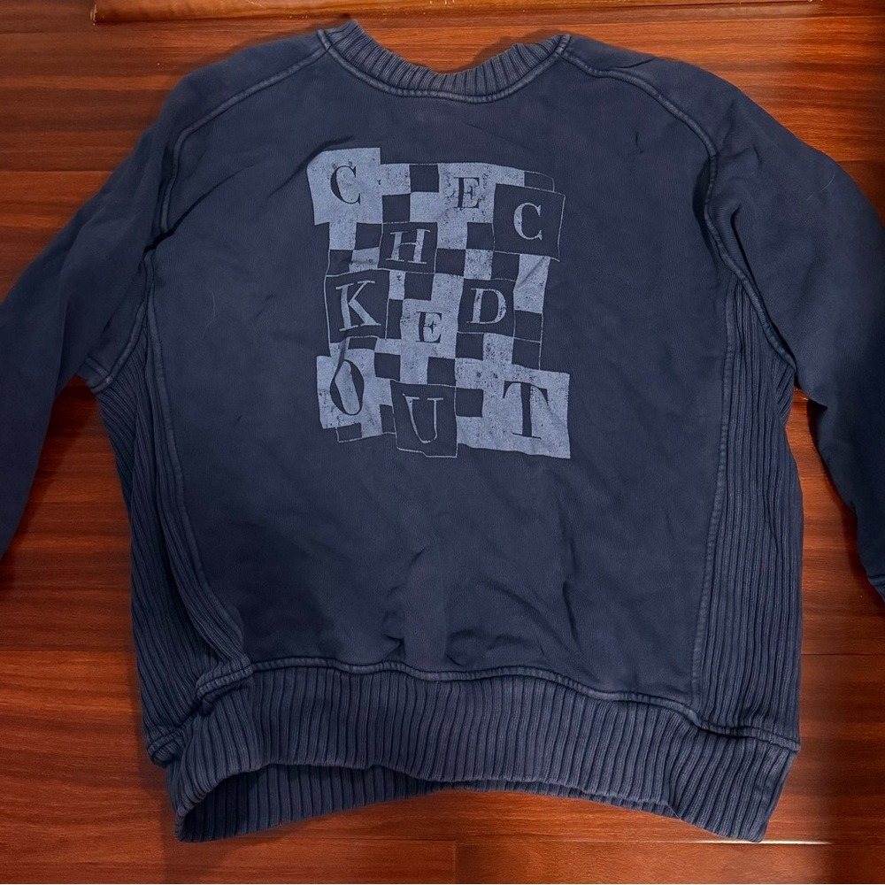 Aerie Navy Checked Out Graphic Crewneck Sweater